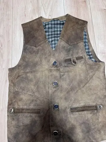 가죽 베스트 천연 가죽 브라운 체크 안감 빈티지
