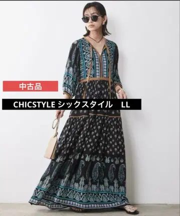 중고품 시크 스타일 패널 프린트 맥시 원피스 블랙 LL