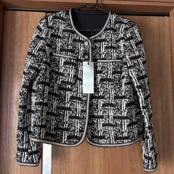 노카라 블랙 화이트 트위드 자켓 M-L