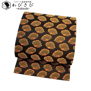 나고야 오비 타츠무라 미술 직물 채패 문양 금 통 검정색 O-3205