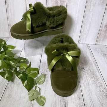 퍼 슬립온 무스탕 신발 36 22.5-23cm 상당 방한 리본