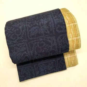 한폭 코부쿠로 오비 네이비와 금 브라운 격자 무늬