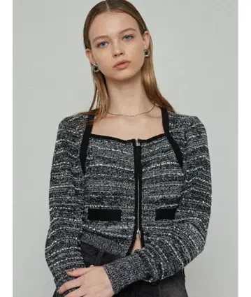 트위드 크롭 지퍼 니트