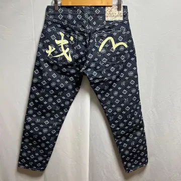 레어 EVISU 에비수 5500 자카드 올 패턴 데님 팬츠 페인트