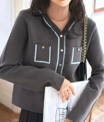 배색 니트 V넥 가디건