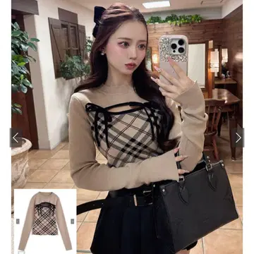 GRL 체크 무늬 프론트 오픈 리본 니트탑 ru1374