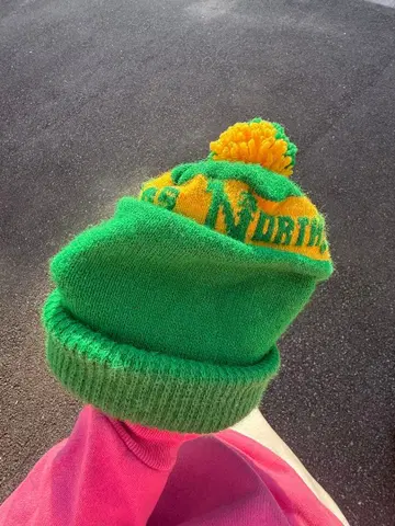 그린과 옐로우 컬러 폼폼 포함 니트 모자