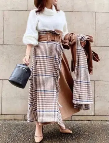 에이미 이스트 월 프린지 랩 플레어 스커트 하이웨스트 울 혼방 S