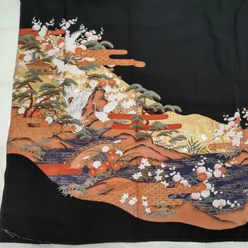 순수 실크 학 사계절 꽃 바위 산수 블랙 전통 예복 기모노 (864)