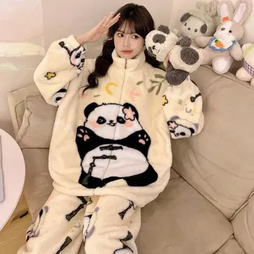 여성용 파자마 룸웨어 팬더 따뜻한 방한 대책 나이트 웨어 상하의 세트