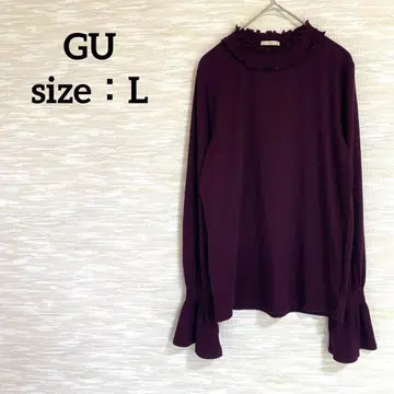 GU 프릴 넥 T 긴팔 리브 티셔츠 [ L ] 얇은 소재 페미닌 1022