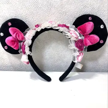 도쿄 디즈니 리조트 미니 머리띠 로즈 펄 레이스 프릴