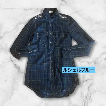 [르쉘블루] 체크 무늬 웨스턴 셔츠 펄 비쥬 그린 38y2k