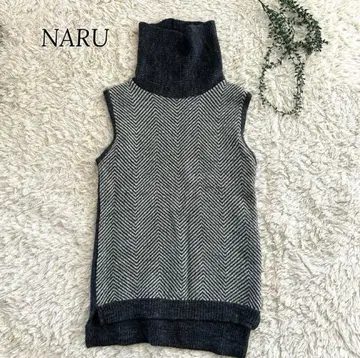 NARU 헤링본 니트 베스트 터틀넥 하이넥