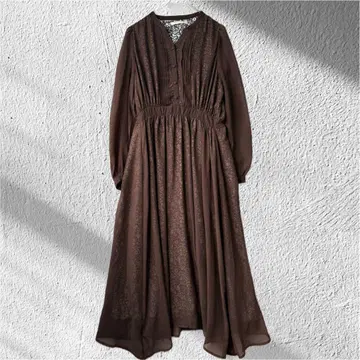 레이 카즌 꽃무늬 원피스 쉬폰 롱 노카라 브라운F 시어