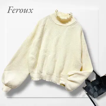 페루 니트 아이보리 옷깃 펄 볼륨 소매 걸리시 성숙/러블리