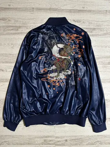 자수 일본풍 패턴 오니 네이비 스카저지 집업 블루종 자켓