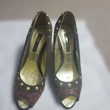 브라운 뜨개질 가죽 오픈토 하이힐