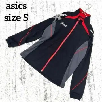 [ 아식스 ] 트랙 자켓 S 그레이 블랙 빨간색 긴팔 저지 로고 자수
