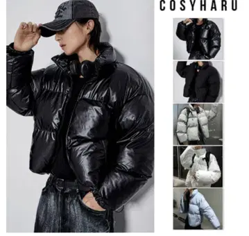 COSYHARU 블랙 숏 기장 다운 자켓 광택 반질반질