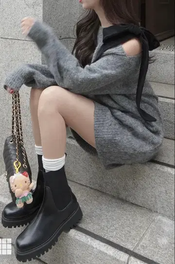 GRL 원숄더 벨로아 리본 니트 미니 원피스[dr796]