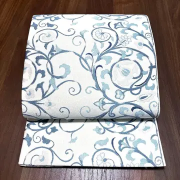 순수 실크 육통 후쿠로 오비 [ 자수 꽃+덩굴 패턴 블루 ]