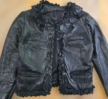 블랙 가죽 프릴 자켓 M 양가죽 모리걸 y54
