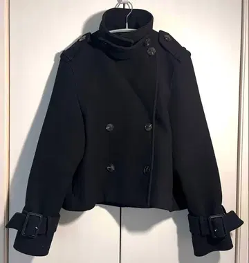 피코트 울 하이넥 트렌치코트 짧은 기장 블랙