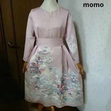 순수 실크 이로도메소데 허리 리본 포함 턱 디테일 원피스 기모노 리메이크