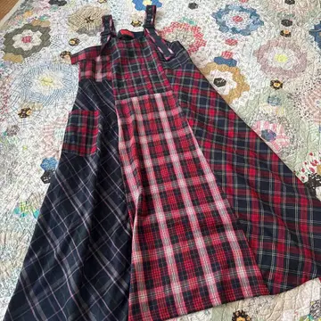 somari imagination 체크 패치워크 오버롤 스커트