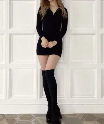 GYDA 하프 ZIP 리브 니트 원피스 블랙