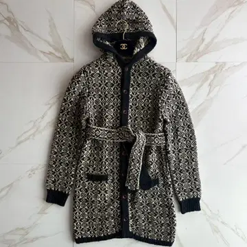 새상품급 45R 벨트 달린 올 패턴 울 롱 가디건 프론트 오픈 M