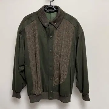 올리브 그린 케이블 니트 자켓 ILPRIMO 스웨이드풍 레트로