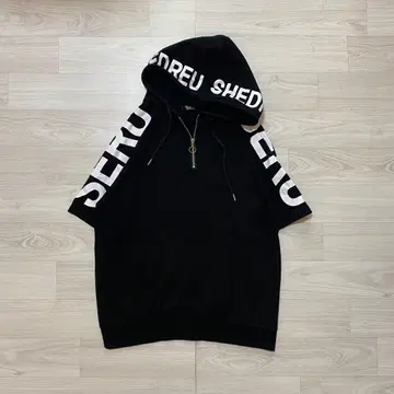 슬리브 로고 빅 로고 반팔 후드티 블랙 스트릿 빅 루즈