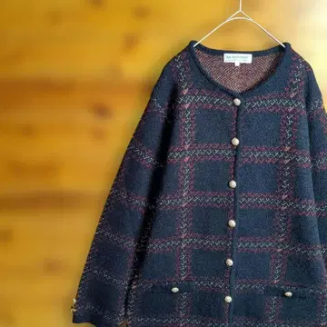 노카라 자켓 가디건 니트 골드 버튼 네이비 빨간색 체크 격자 L