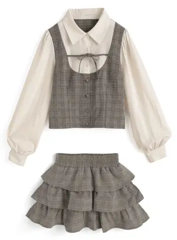 GRL 글렌체크 패턴 셔츠 도킹 상의 x 캉캉 스커트 셋업