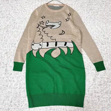 츠모리치사토 총 패턴 니트 원피스 고양이 긴팔 일본제 개성 그린 2