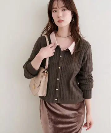 natural couture 레이어드 스타일 카라 케이블 가디건 브라운