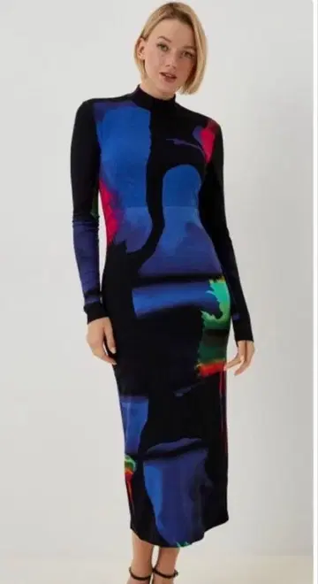 데시구알 네온 컬러 미디 원피스 리브 타이트 롱 원피스