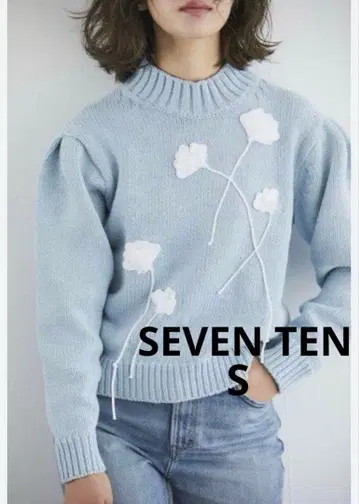 SEVEN TEN 아플리케 코튼 니트 스카이블루 S 사이즈