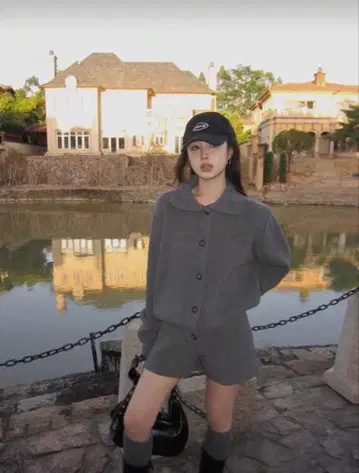 그레이 니트 가디건 숏팬츠 셋업