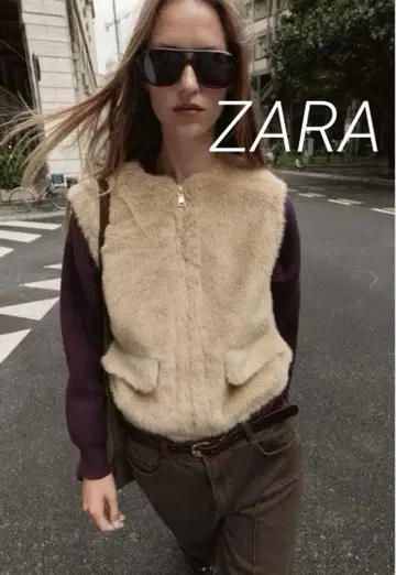 ZARA 너무 귀여운 자라 인조 모피 지퍼 베스트 페이주 카멜 XS