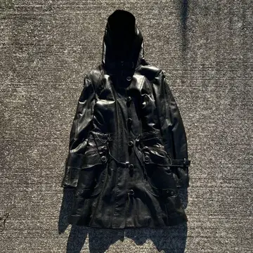 가죽 블랙 후드 트렌치코트 다크 y2k 모드
