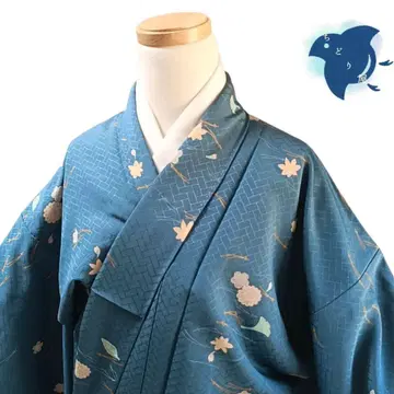 C26 치도리야 기모노 코몬 워셔블 기모노 화학 섬유 꽃 파랑