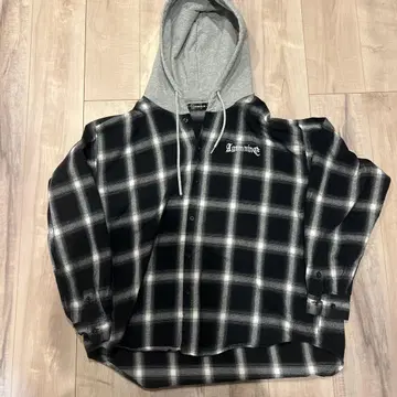 후드 부착 긴팔 셔츠 L 블랙/화이트 체크