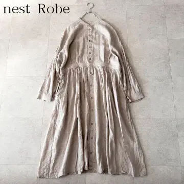 컨디션 최상 네스트로브 린넨 100% 밴드 카라 개더 셔츠 원피스