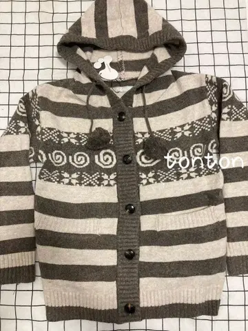 Hugyourskin 후드 부착 니트 가디건 스트라이프