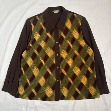 00s 빈티지 블라우스 플리츠 브라운 아가일풍 레트로 L