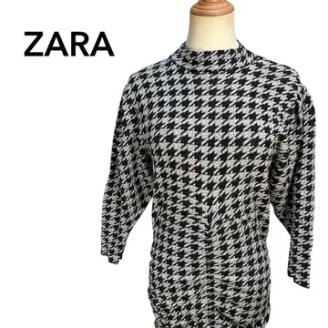 ZARA 니트 원피스 롱 기장 하운드투스 화이트/블랙 모크넥 타이트 S