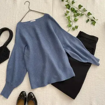 [ 새상품급 L 사이즈 ] 알마 디자인 보트넥 볼륨 소매 니트 파랑 블루